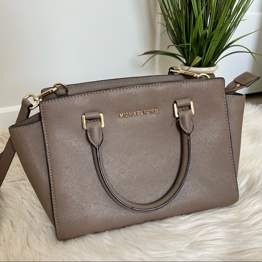 Michael Kors Selma Saffiano Leather Satchel in taupe - Picture 5 of 15